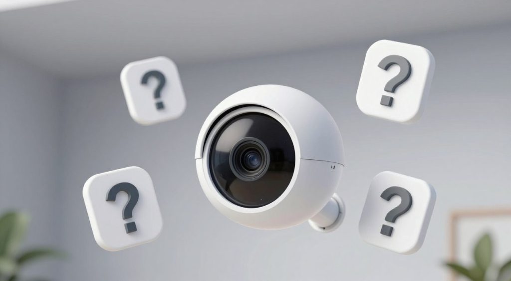 Indoor security camera with question marks representing common FAQs