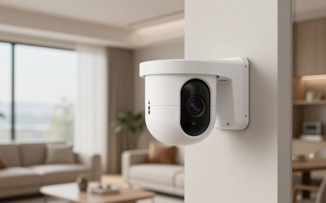 Modern indoor security camera mounted on white wall monitoring living room space