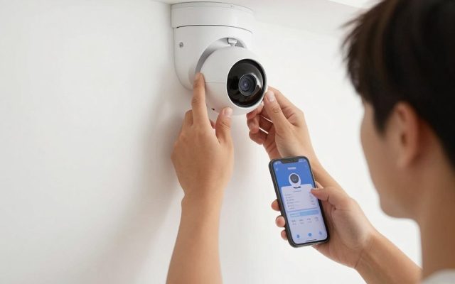 Person installing indoor security camera on wall following setup instructions