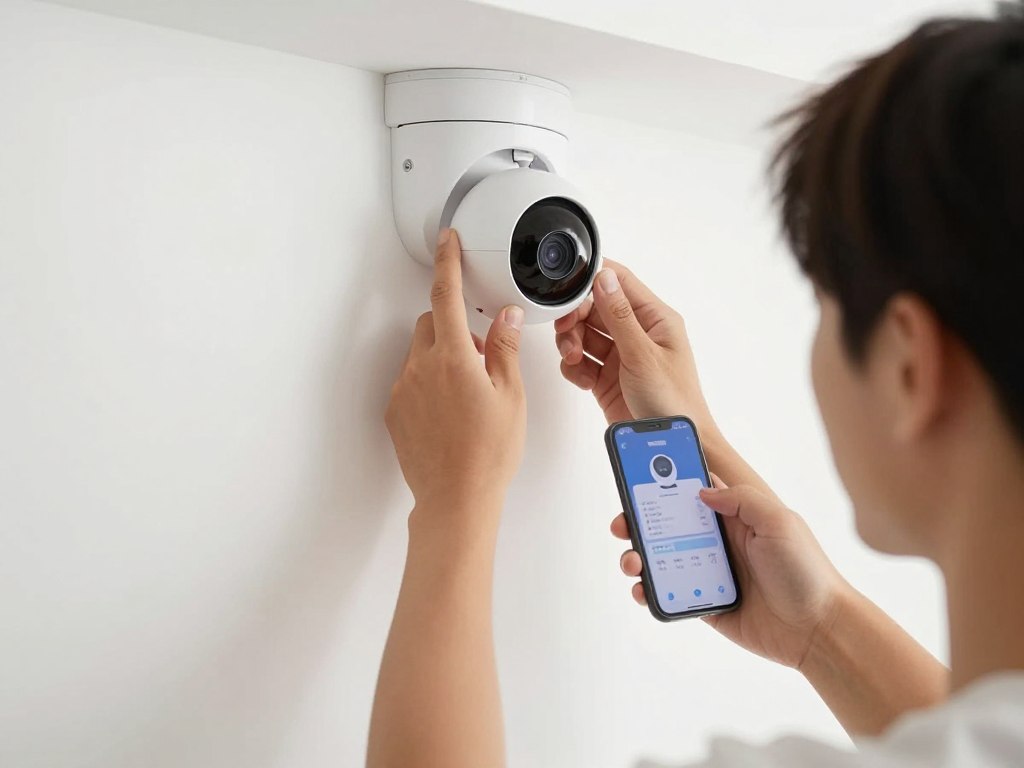 Person installing indoor security camera on wall following setup instructions