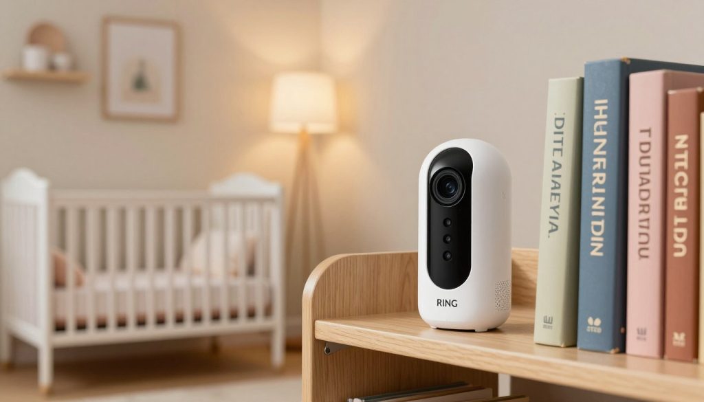 Ring Indoor Cam mounted on shelf monitoring nursery with baby crib