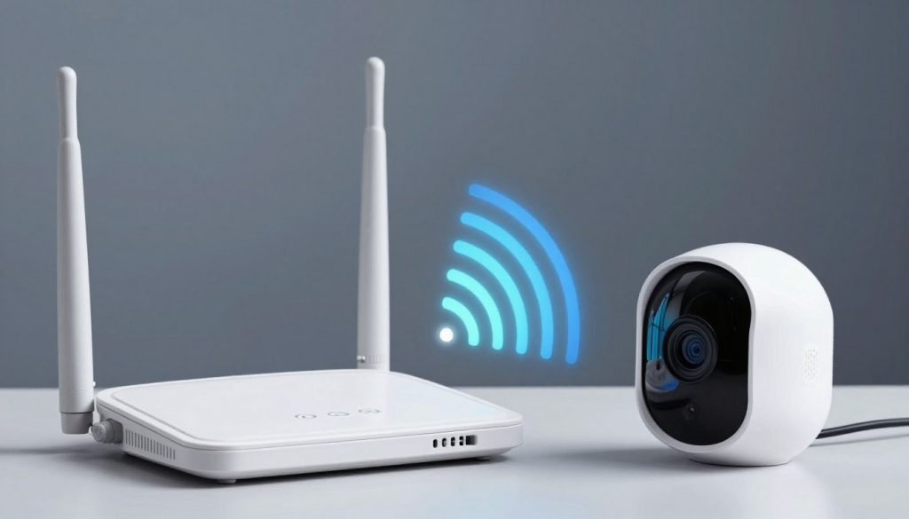 Router and indoor camera with WiFi signal visualization showing connection