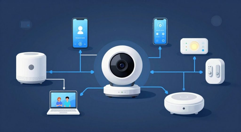 Smart home integration diagram showing camera connected to various smart devices