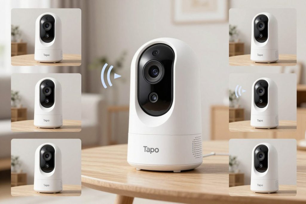 TP-Link Tapo C120 camera showing pan-tilt range and motion tracking demonstration