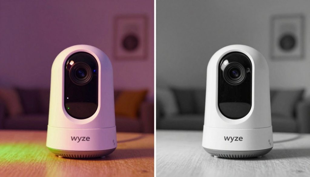 Wyze Cam v4 color night vision comparison showing vivid colors in dark room